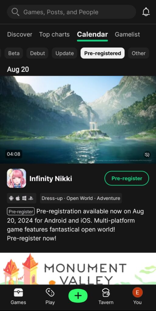 Tap tap interface showing the pre registered and updated games